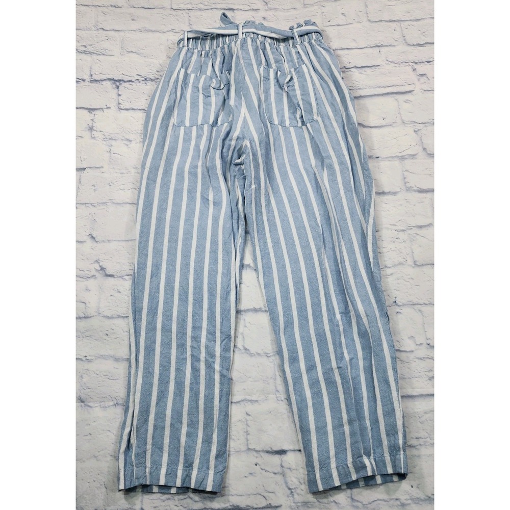 Loft WOMENS SIZE S Paperbag Taper Pants Blue White Stripe Linen Blend Belted - Picture 8 of 10